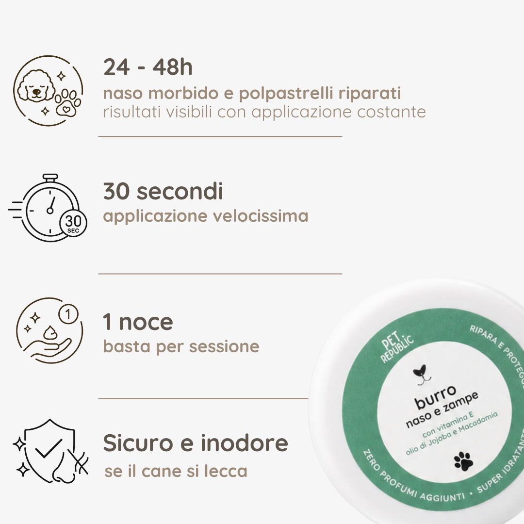 Benefici e caratteristiche del burro naturale per naso e zampe del cane Pet Republic