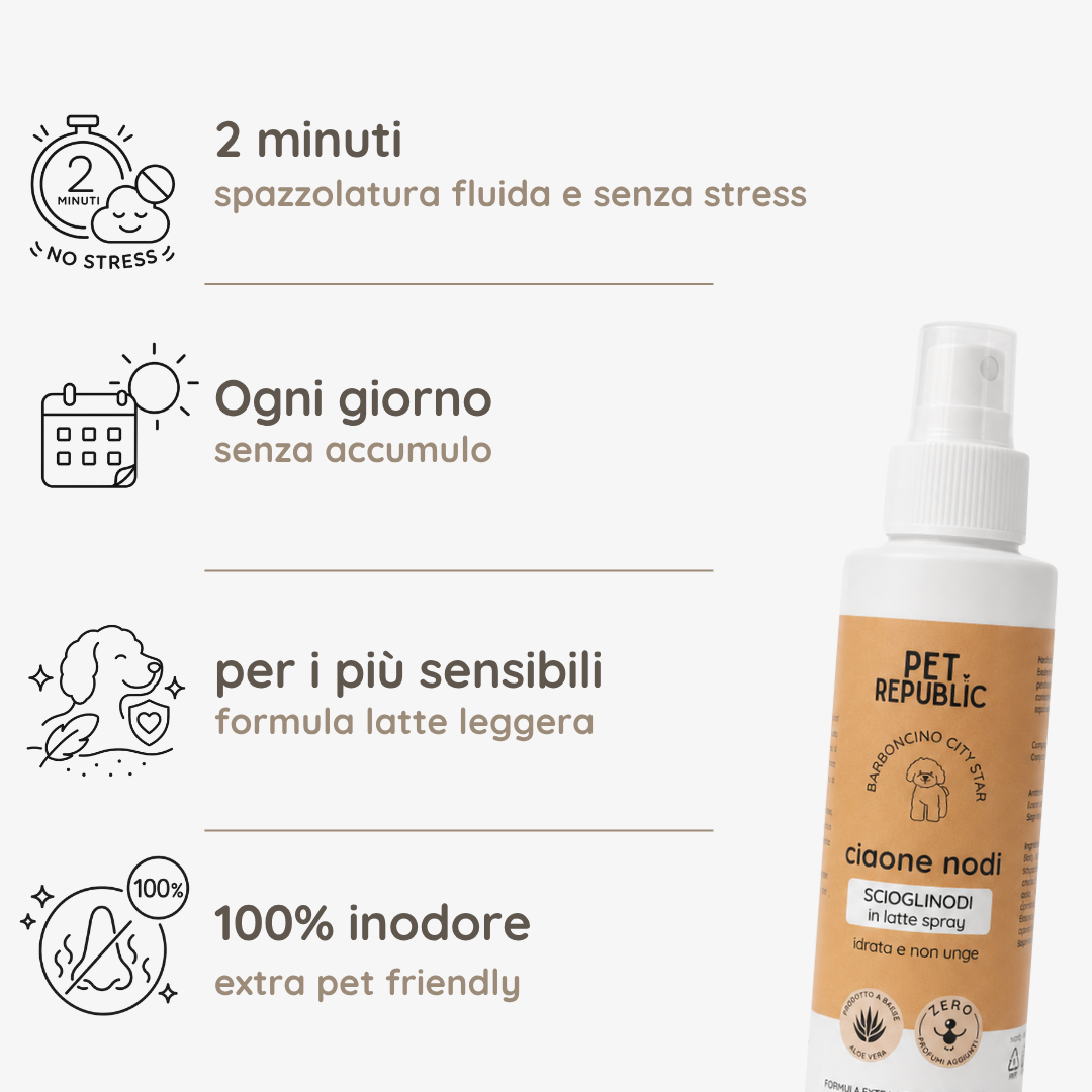 Benefici e caratteristiche dello scioglinodi spray Ciaone Nodi per Barboncino Pet Republic