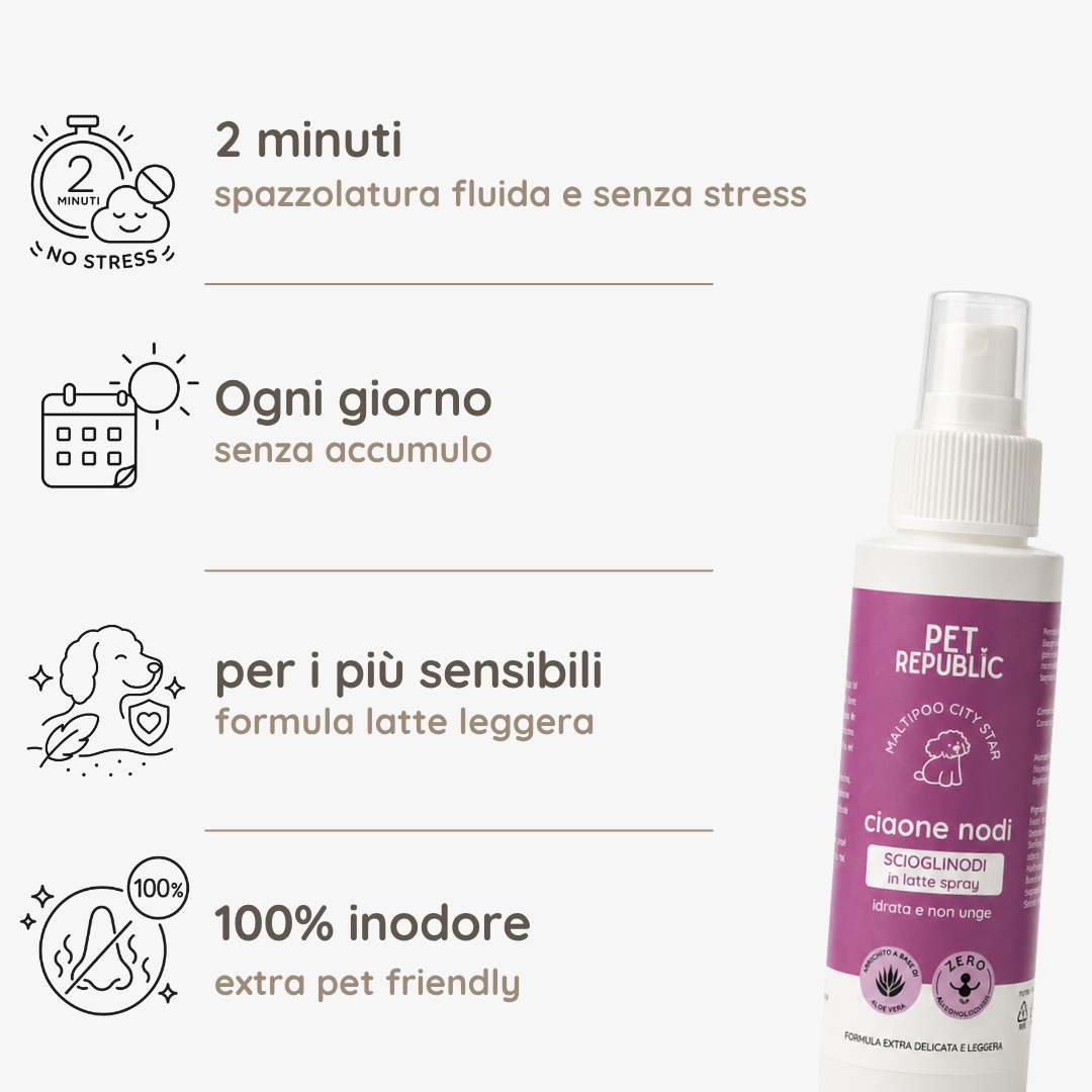 Benefici e caratteristiche dello scioglinodi spray Ciaone Nodi per Maltipoo Pet Republic