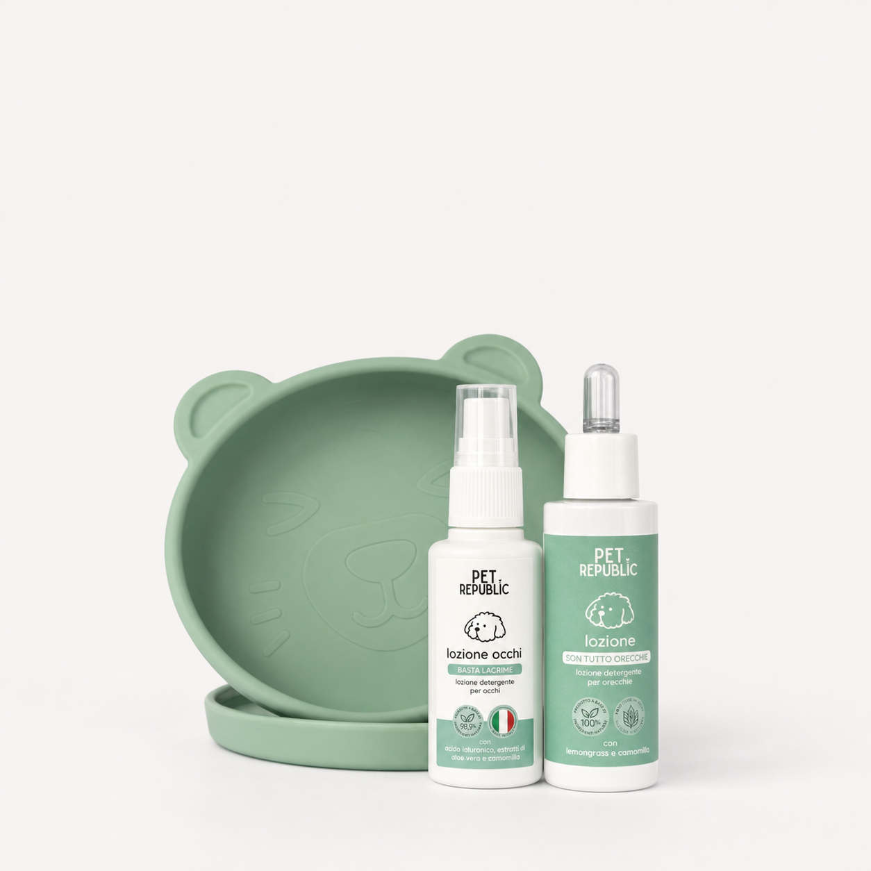 Prodotti del kit Detox Pet Republic per la pulizia di occhi, orecchie e cute del cane