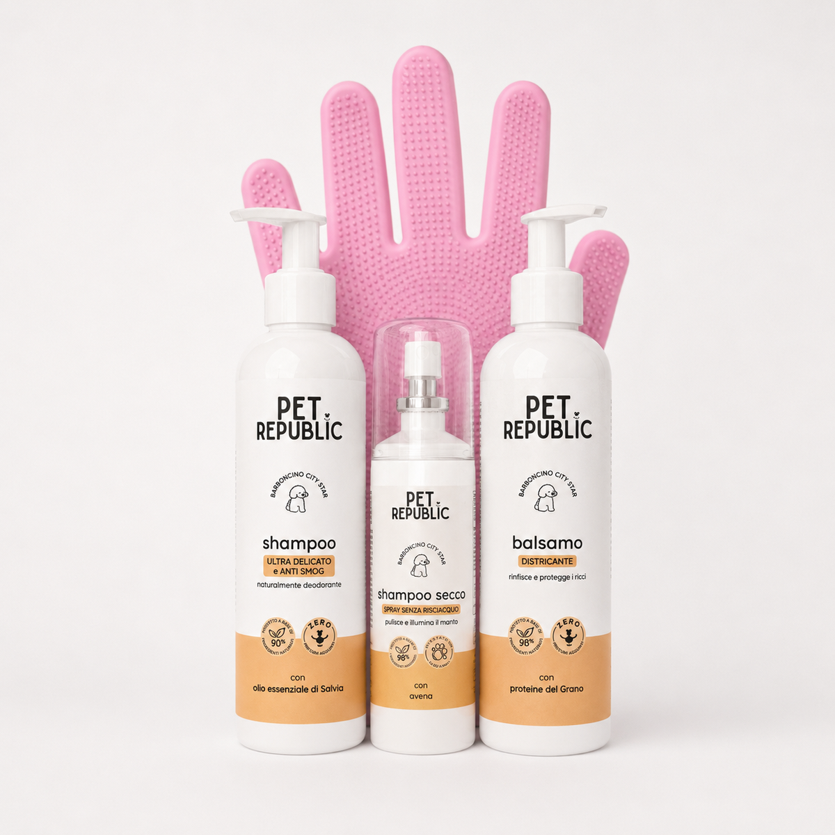 Prodotti del kit Bello Pulito Sempre Pet Republic per l'igiene del Barboncino