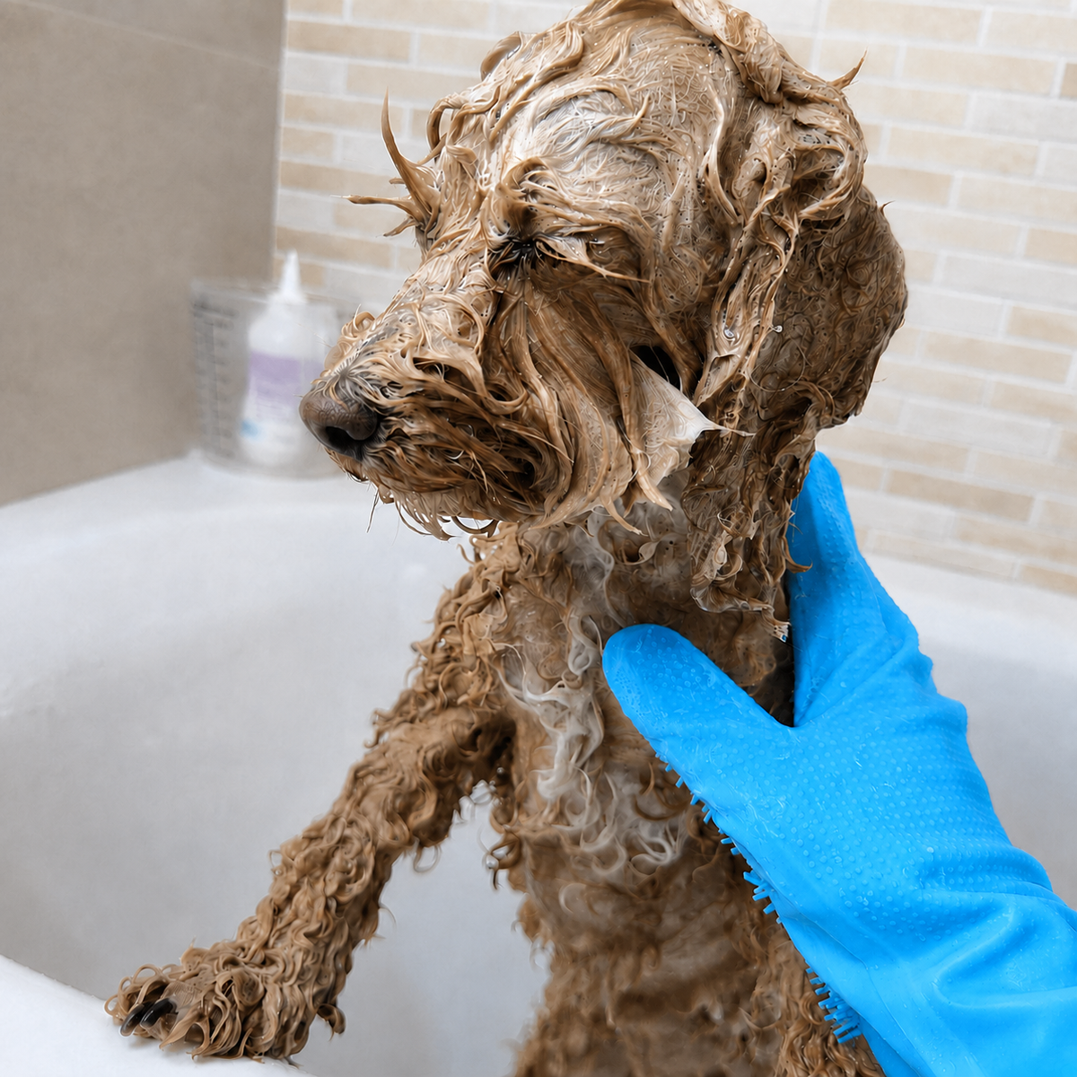 Guanto Magico azzurro in silicone morbido per lavare e massaggiare il cane