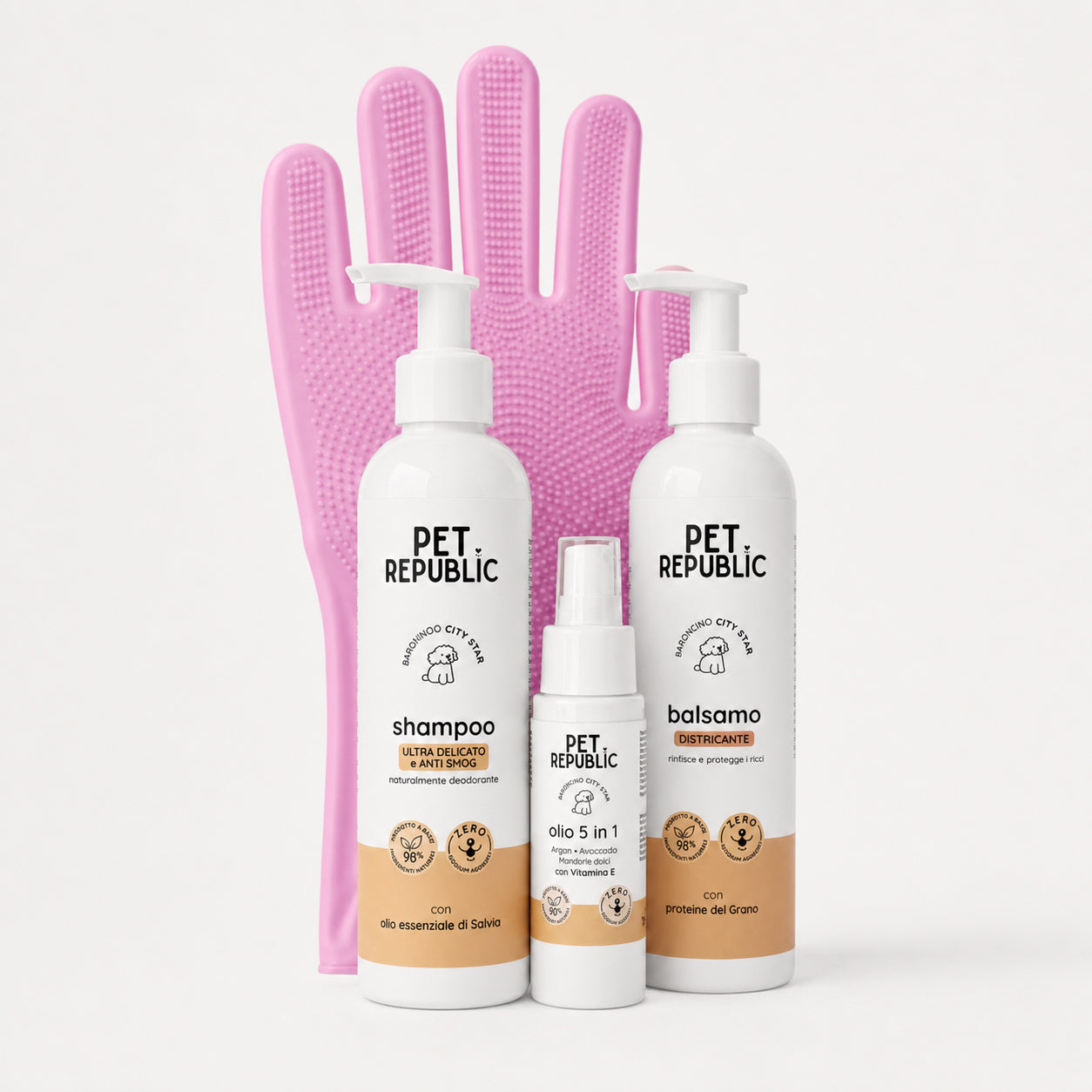 Shampoo, balsamo, Olio 5 in 1 e Guanto Magico del kit PeloRoutine Base per Barboncino