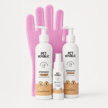 Shampoo, balsamo, Olio 5 in 1 e Guanto Magico del kit PeloRoutine Base per Barboncino