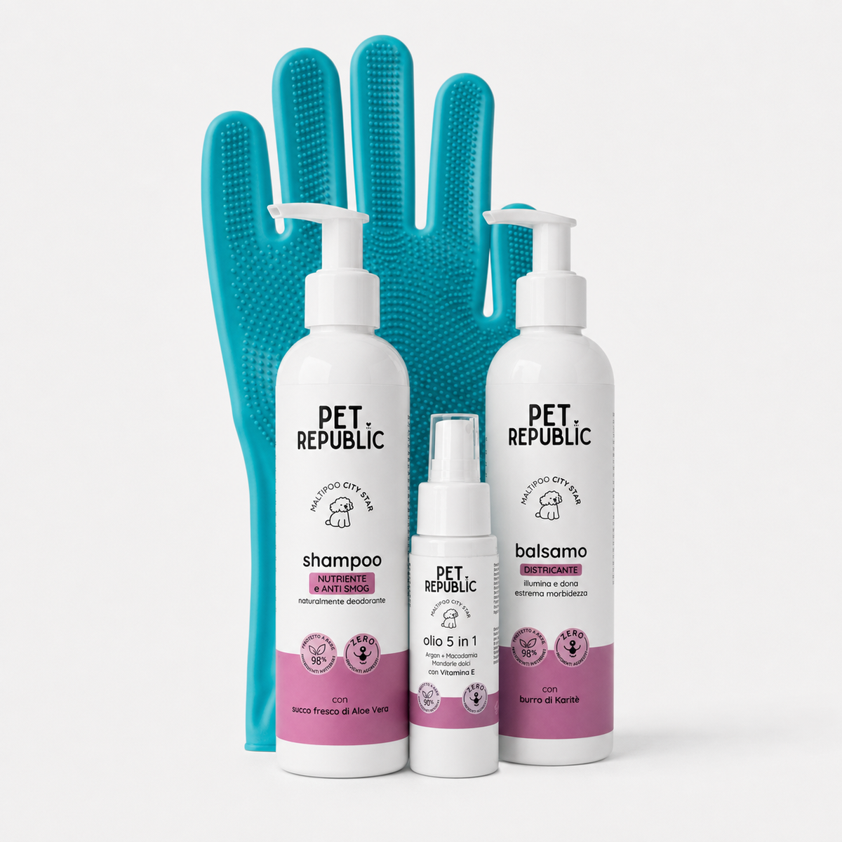 Shampoo, balsamo, Olio 5 in 1 e Guanto Magico del kit PeloRoutine Base per Maltipoo
